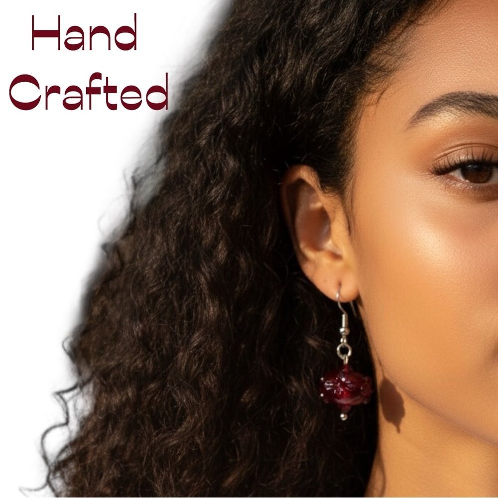 HandCrafted Red LampWork Glass Crystal Beaded Silver Earrings NWT